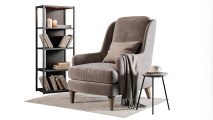 Aufkleber - A peaceful reading nook displays a deeply cushioned armchair in muted fabric positioned beside a slim minimalist bookshelf filled with a curated selection of books. A soft throw