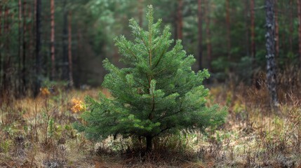 Poster - Natural Christmas tree among fir branches in a serene forest setting with soft lighting and autumn foliage, perfect for holiday themes.