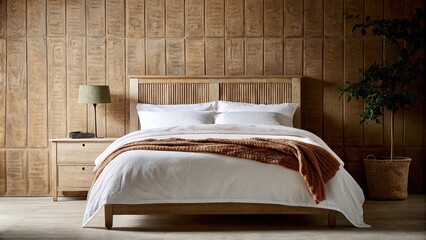 Poster - A cozy bedroom showcases a platform bed with crisp white linens and a warm handwoven throw. Earthy tones dominate the walls while a simple nightstand holds a single green plant and
