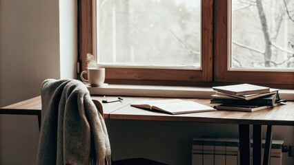 Aufkleber - A cozy home office with a sy wooden desk cluttered with notebooks and a steaming cup of tea a comfy chair and a soft throw draped over the back next to a window offering a view of