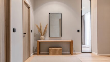Poster - A refined entryway features a simple console table in natural wood adorned with a lone vase showcasing tall grasses. Light wood flooring contrasts with soft gray walls while a