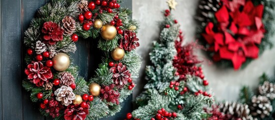 Poster - Festive Christmas wreaths and decorative fir trees enhancing the cozy living room ambiance for the holiday season