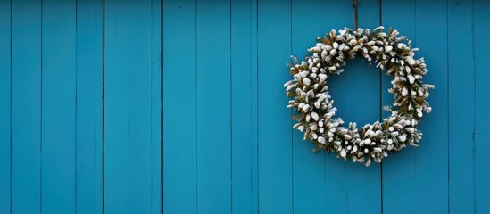 Aufkleber - Christmas wreath adorned with pinecones hanging on a vibrant blue barn door with ample copy space for festive messaging.