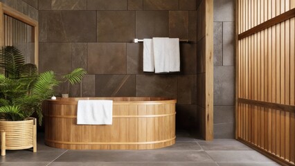 Poster - A spalike bathroom featuring natural stone tiles and a freestanding wooden tub. The space is accented with bamboo towels and potted ferns inviting relaxation in a serene earthy