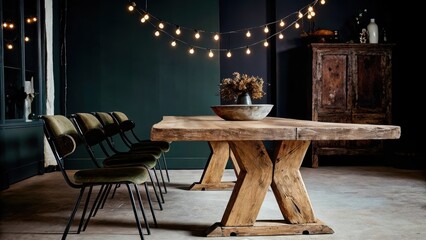 Poster - An eclectic dining area presents a large roughhewn wooden table surrounded by a mix of vintage chairs. String lights hang from the ceiling casting a soft glow over the space where