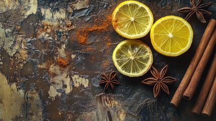 Poster - Festive Christmas tea with lemon slices and aromatic spices like cinnamon and star anise on a rustic wooden background