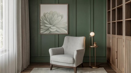 Aufkleber - A cozy reading nook featuring a deep green accent wall adorned with a large framed botanical print. A vintage armchair upholstered in soft gray sits beside a small round side table