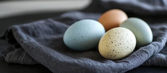 Aufkleber - Colorful speckled Easter eggs arranged on a textured dark kitchen towel for a vibrant festive atmosphere in culinary decor