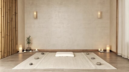 Aufkleber - A tranquil meditation space with soft beige walls and a simple plush mat at the center. Natural elements such as bamboo and smooth stones are arranged thoughtfully while gentle