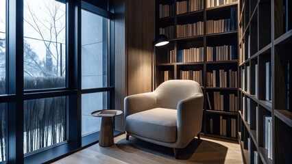 Aufkleber - A calming reading nook with a plush armchair and a small side table surrounded by floortoceiling bookshelves. Soft ambient lighting creates an inviting atmosphere while a large