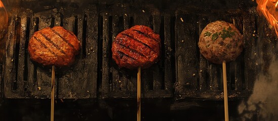 Poster - Grilled Meatball and Fish Patty on Charcoal Grill with Smoke and Flames Rising