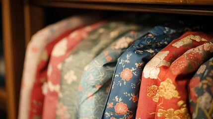 Poster - Close up of neatly folded traditional textiles displayed in a wooden closet showcasing intricate patterns and vibrant colors