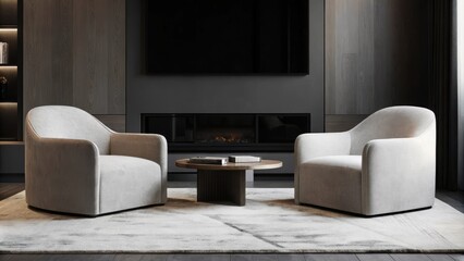 Aufkleber - A stylish lounge area with a pair of modern armchairs upholstered in soft velvet facing a minimalist fireplace. A low coffee table holds artful decor and a large abstract rug