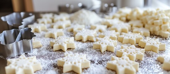 Poster - Christmas shortbread cookies shaped as snowflakes on a baking surface with sugar sprinkles and metal cookie cutters ready for baking