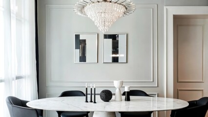 Poster - An elegant dining area with a sleek white marble table surrounded by sculptural black chairs set against a backdrop of pale gray walls adorned with minimalist blackandwhite artwork