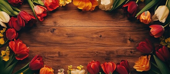 Aufkleber - vibrant tulip flowers arranged on a rustic wooden table creating a beautiful frame with ample copy s