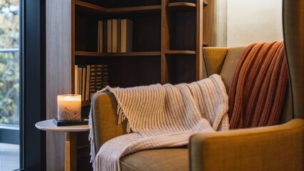 Aufkleber - A cozy reading nook with a deep armchair upholstered in warm earth tones nestled beside a tall bookshelf. A gently flickering candle rests on a small side table while a soft