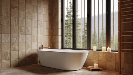 Aufkleber - A serene bathroom featuring a freestanding soaking tub positioned beneath a large window. Earthy stone tiles surround the tub and scented candles are p on a ledge creating a