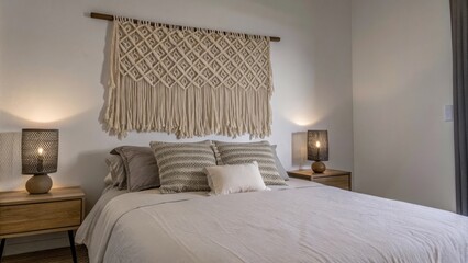 Aufkleber - A serene bedroom showcases a platform bed adorned with a fluffy duvet and an assortment of textured pillows. Simple nightstands hold handcrafted ceramic lamps while a large woven