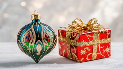 Aufkleber - Colorful Christmas tree bauble ornament beside a beautifully wrapped gift box on a white background celebrating the holiday spirit.