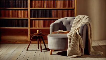 Aufkleber - A cozy reading nook with a plush armchair in soft gray nestled beside a floortoceiling bookshelf filled with curated books. A small side table holds a steaming cup of tea and soft