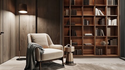 Aufkleber - A reading nook is defined by a plush armchair in muted tones nestled beside a tall bookshelf filled with wellloved volumes. A soft throw and a small side table holding a steaming