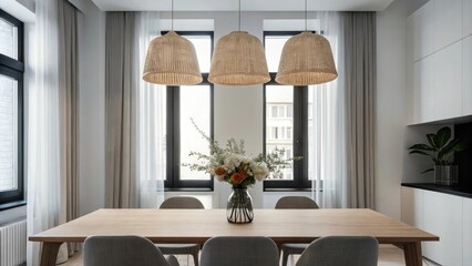 Poster - A trendy dining area includes a smooth oak table surrounded by simple chairs. Above hangs a statement pendant light made of natural materials and a bouquet of wildflowers brings a