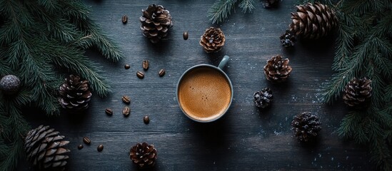 Poster - Cozy holiday scene with coffee cup surrounded by pine branches and cones on dark wooden table top view for winter celebrations