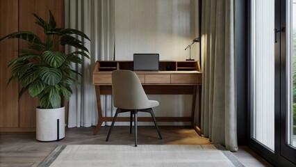Poster - A tranquil home office features a sleek wooden desk paired with a comfortable chair. A large potted plant adds a pop of greenery and soft textile accents like a rug and curtain