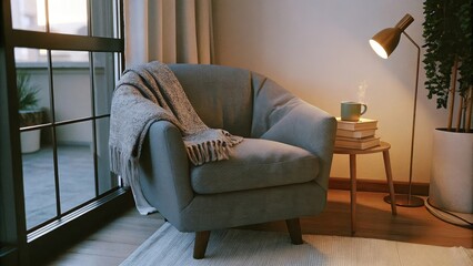 Aufkleber - A cozy reading nook featuring an oversized armchair in cozy fabric nestled by a large window with subtle curtains. A small side table holds a stack of books and a steaming mug