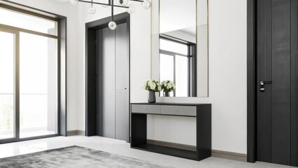 Poster - A stylish entryway that greets with a subtle charm showcasing a sleek minimalist console table adorned with a small vase of fresh flowers. A large mirror reflects the light from