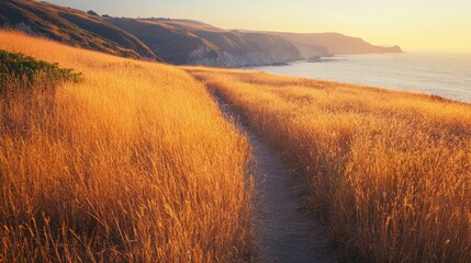 Poster - Coastal hiking trail through golden grass meadows illuminated by morning light creating a tranquil summer landscape with ocean views