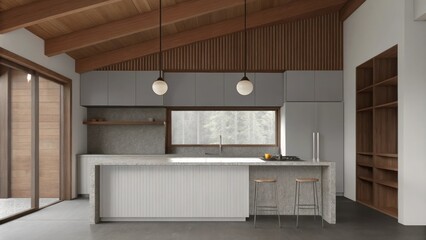 Poster - An inviting kitchen designed in a clean open layout showcasing minimalist cabinetry in soft hues and a spacious island clad in light stone. Pendant lights provide warm illumination
