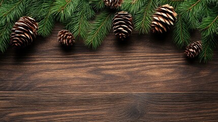Aufkleber - Festive pinecones and evergreen branches on rustic wooden background for a cozy Christmas table setting and holiday decorations