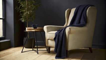 Aufkleber - A peaceful reading nook by the window featuring a plush armchair with a soft blanket draped over it. A small round side table holds a cup of herbal tea and a stack of books. A tall