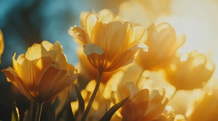 Leinwandbilder - Closeup of Vibrant Yellow Tulips with Glowing Background in Soft Focus Ideal for Floral Themes and Event Decor