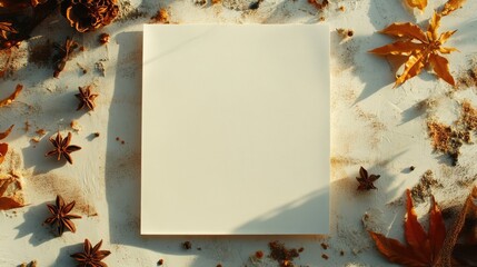 Aufkleber - Autumn composition with blank sheet of paper surrounded by colorful leaves and spices on a light background for creative presentations