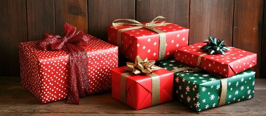 Poster - Colorful Christmas gifts beautifully wrapped and decorated on a rustic wooden background creating a festive holiday atmosphere