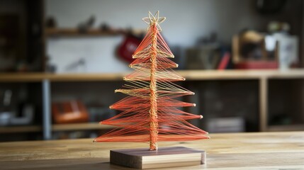 Aufkleber - Christmas tree decoration made from vibrant string art displayed on a wooden base in a cozy indoor setting.