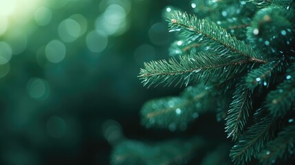Poster - Christmas tree branches background with soft focus and bokeh effect creating a serene and festive atmosphere for holiday designs