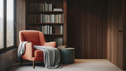 Aufkleber - A tranquil reading nook nestled in a corner with a low wide armchair upholstered in a muted tone and a small round side table crafted from dark wood. A bookshelf filled with neatly