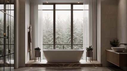 Poster - A peaceful bathroom with a freestanding tub centered under a large window stonetile flooring and minimal decor showcasing potted succulents on the ledge and soft ambient lighting.
