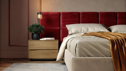 Poster - A cozy bedroom adorned with a warm taupe color palette. The bed is made up with cream bedding and soft golden throws drape over the headboard. A sleek wooden nightstand holds a