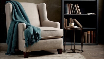 Aufkleber - A cozy reading nook featuring a plush armchair upholstered in a muted fabric a soft throw blanket draped over the side and a small side table holding a steaming cup of tea next to