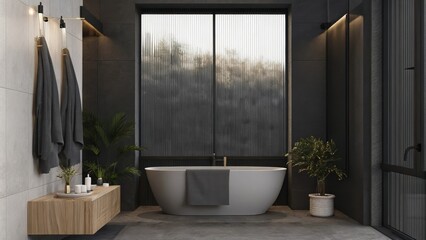 Aufkleber - A modern bathroom retreat showcasing a freestanding tub a large frosted window letting in gentle light and minimalist fixtures adorned with plush towels and potted plants for a