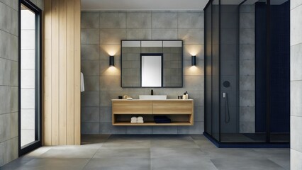 Aufkleber - A modern bathroom boasting smooth lightcolored stone tiles and a floating vanity in warm maple wood. The space features a large mirror that reflects warm light from sconces