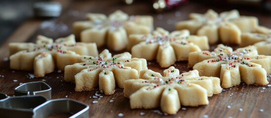 Poster - Snowflake-shaped Christmas shortbread cookies with colorful sprinkles and cookie cutters on a wooden background for festive baking ideas