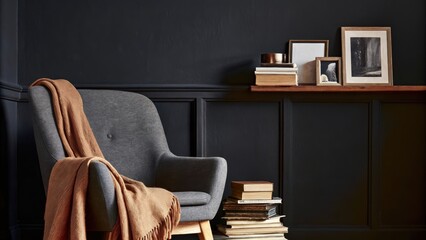 Aufkleber - A cozy reading nook with soft brown walls a plush armchair covered in muted fabric a small side table holding a stack of pastel books and a warm blanket draped across a shallow