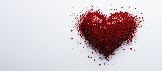Poster - Heart-shaped red confetti on a white background perfect for romantic themes or celebrations with space for your personalized message.