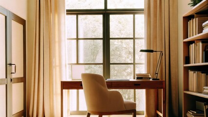 Aufkleber - A tranquil home office space with a simple wooden desk a vintagestyle chair upholstered in soft taupe and a large window framed by light curtains allowing natural light to